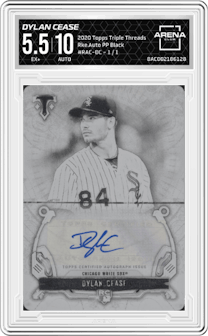 Dylan Cease from the 2020 Topps Triple Threads set featuring a Printing Plate Black parallel graded by Arena Club and given an overall grade of 5.5.