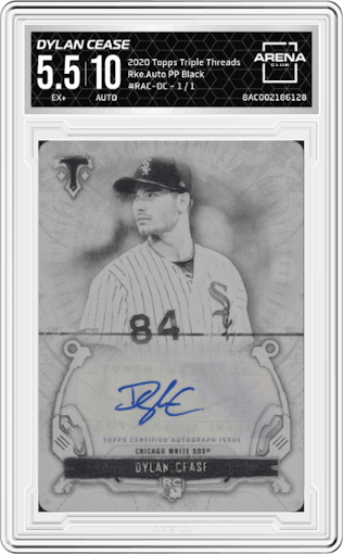 Dylan Cease from the 2020 Topps Triple Threads set featuring a Printing Plate Black parallel graded by Arena Club and given an overall grade of 5.5.