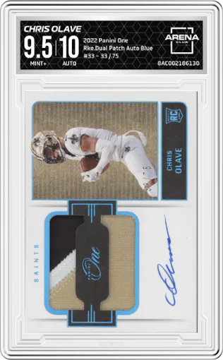 Chris Olave from the 2022 Panini One set featuring a Blue parallel graded by Arena Club and given an overall grade of 9.5.