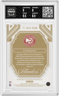 Saddiq Bey from the 2022-23 Panini Flawless set featuring a Blue parallel graded by Arena Club and given an overall grade of 8.5.