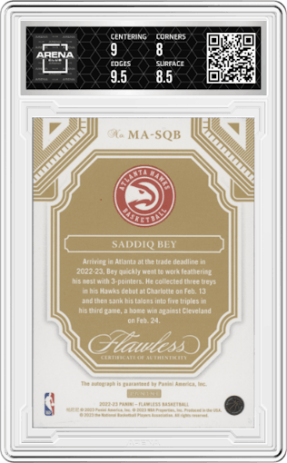 Saddiq Bey from the 2022-23 Panini Flawless set featuring a Blue parallel graded by Arena Club and given an overall grade of 8.5.