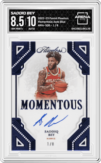 Saddiq Bey from the 2022-23 Panini Flawless set featuring a Blue parallel graded by Arena Club and given an overall grade of 8.5.