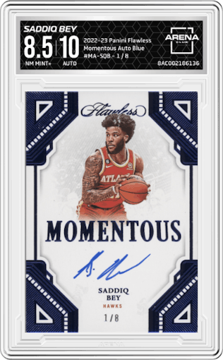 Saddiq Bey from the 2022-23 Panini Flawless set featuring a Blue parallel graded by Arena Club and given an overall grade of 8.5.