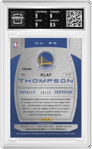 Klay Thompson from the 2013-14 Panini Totally Certified set featuring a Blue Prime parallel graded by Arena Club and given an overall grade of 8.5.