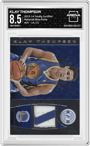 Klay Thompson from the 2013-14 Panini Totally Certified set featuring a Blue Prime parallel graded by Arena Club and given an overall grade of 8.5.