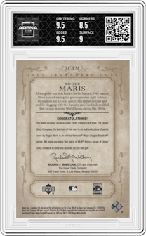 Roger Maris from the 2005 SP Legendary Cuts set graded by Arena Club and given an overall grade of 9.