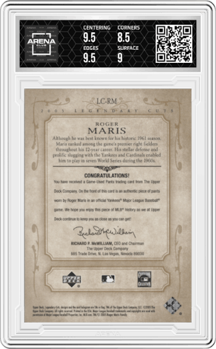 Roger Maris from the 2005 SP Legendary Cuts set graded by Arena Club and given an overall grade of 9.