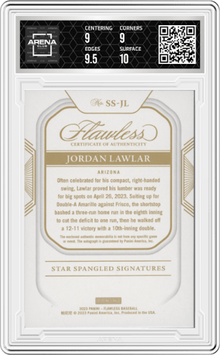 Jordan Lawlar from the 2023 Panini Flawless set graded by Arena Club and given an overall grade of 9.5.