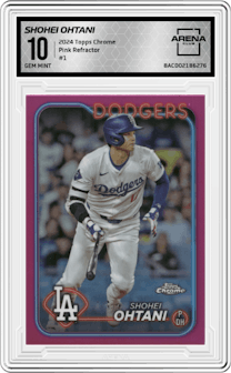 Shohei Ohtani from the 2024 Topps Chrome set featuring a Pink Refractor parallel graded by Arena Club and given an overall grade of 10.