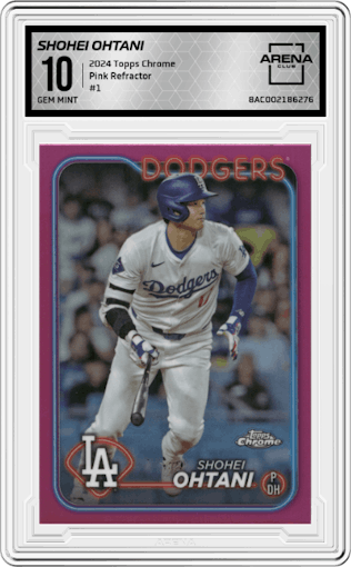 Shohei Ohtani from the 2024 Topps Chrome set featuring a Pink Refractor parallel graded by Arena Club and given an overall grade of 10.