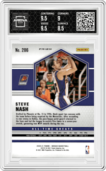 Steve Nash from the 2020-21 Panini Mosaic set featuring a Genesis  parallel graded by Arena Club and given an overall grade of 9.