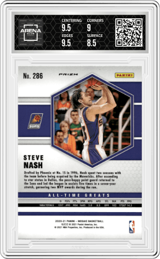 Steve Nash from the 2020-21 Panini Mosaic set featuring a Genesis  parallel graded by Arena Club and given an overall grade of 9.