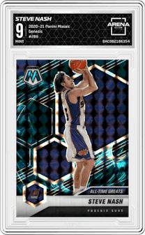 Steve Nash from the 2020-21 Panini Mosaic set featuring a Genesis  parallel graded by Arena Club and given an overall grade of 9.