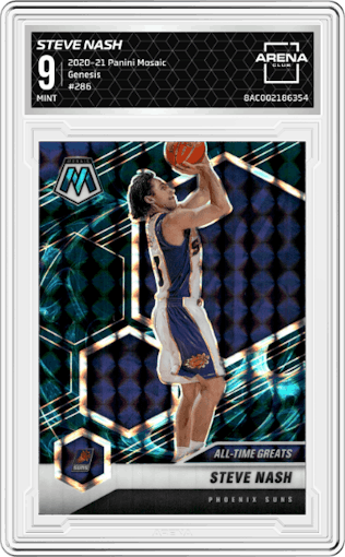 Steve Nash from the 2020-21 Panini Mosaic set featuring a Genesis  parallel graded by Arena Club and given an overall grade of 9.