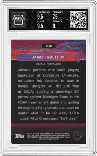 Jaime Jaquez Jr. from the 2023-24 Topps Chrome set featuring a Green Refractor parallel graded by Arena Club and given an overall grade of 8.