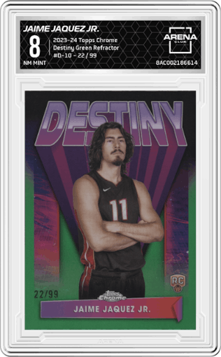 Jaime Jaquez Jr. from the 2023-24 Topps Chrome set featuring a Green Refractor parallel graded by Arena Club and given an overall grade of 8.