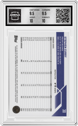 Stephen Curry from the 2023-24 Topps Chrome set featuring a Refractor parallel graded by Arena Club and given an overall grade of 10.