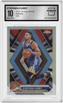 Stephen Curry from the 2023-24 Topps Chrome set featuring a Refractor parallel graded by Arena Club and given an overall grade of 10.
