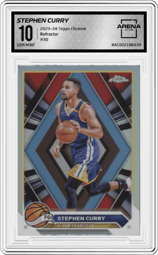 Stephen Curry from the 2023-24 Topps Chrome set featuring a Refractor parallel graded by Arena Club and given an overall grade of 10.