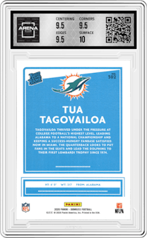 Tua Tagovailoa from the 2020 Panini Donruss set featuring a Canvas parallel graded by Arena Club and given an overall grade of 10.