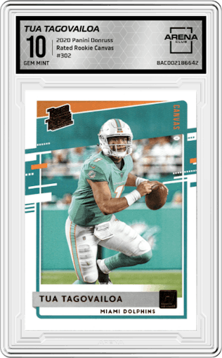 Tua Tagovailoa from the 2020 Panini Donruss set featuring a Canvas parallel graded by Arena Club and given an overall grade of 10.
