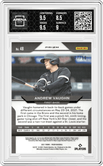 Andrew Vaughn from the 2021 Panini Prizm set featuring a Snake Skin parallel graded by Arena Club and given an overall grade of 9.