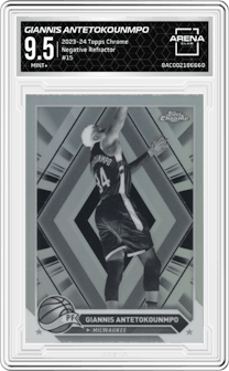 Giannis Antetokounmpo from the 2023-24 Topps Chrome set featuring a Negative Refractor parallel graded by Arena Club and given an overall grade of 9.5.