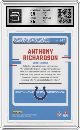 Anthony Richardson from the 2023 Donruss Optic set featuring a Hyper Blue parallel graded by Arena Club and given an overall grade of 10.