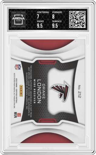 Drake London from the 2022 Panini Certified set featuring a Mirror Teal parallel graded by Arena Club and given an overall grade of 7.5.