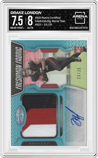 Drake London from the 2022 Panini Certified set featuring a Mirror Teal parallel graded by Arena Club and given an overall grade of 7.5.