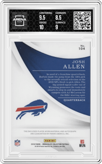 Josh Allen from the 2018 Panini Immaculate Collection set graded by Arena Club and given an overall grade of 9.