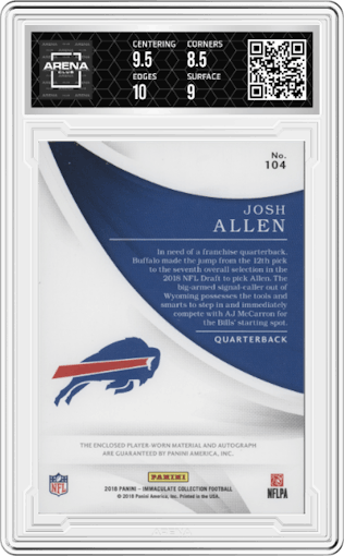 Josh Allen from the 2018 Panini Immaculate Collection set graded by Arena Club and given an overall grade of 9.