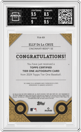 Elly De La Cruz from the 2024 Topps Tier One  set graded by Arena Club and given an overall grade of 9.