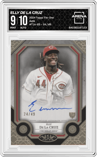 Elly De La Cruz from the 2024 Topps Tier One  set graded by Arena Club and given an overall grade of 9.
