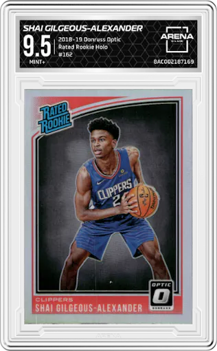 Shai Gilgeous-Alexander from the 2018-19 Panini Donruss Optic set featuring a Holo parallel graded by Arena Club and given an overall grade of 9.5.
