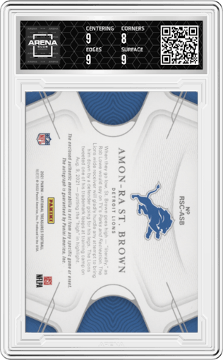 Amon-Ra St. Brown from the 2021 Panini National Treasures set graded by Arena Club and given an overall grade of 8.5.