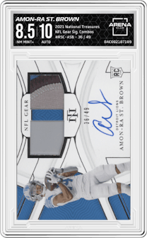 Amon-Ra St. Brown from the 2021 Panini National Treasures set graded by Arena Club and given an overall grade of 8.5.