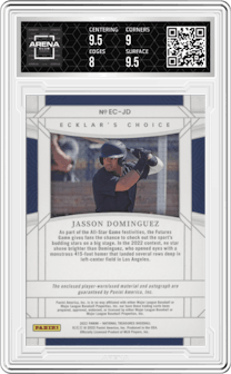 Jasson Dominguez from the 2022 Panini National Treasures set graded by Arena Club and given an overall grade of 8.5.