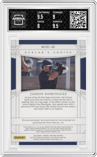 Jasson Dominguez from the 2022 Panini National Treasures set graded by Arena Club and given an overall grade of 8.5.