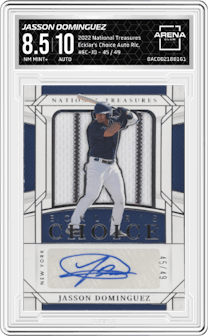 Jasson Dominguez from the 2022 Panini National Treasures set graded by Arena Club and given an overall grade of 8.5.