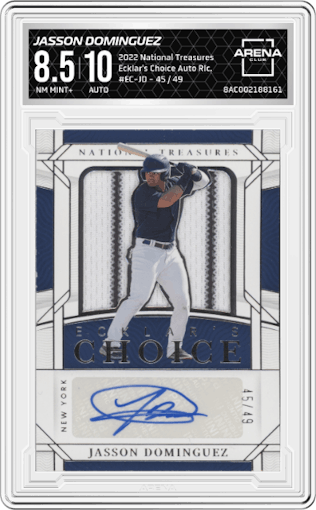 Jasson Dominguez from the 2022 Panini National Treasures set graded by Arena Club and given an overall grade of 8.5.
