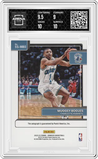 Muggsy Bogues from the 2022-23 Panini Donruss set graded by Arena Club and given an overall grade of 9.5.