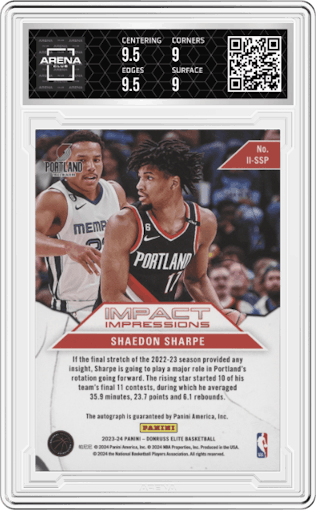 Shaedon Sharpe from the 2023-24 Panini Donruss Elite set graded by Arena Club and given an overall grade of 9.5.