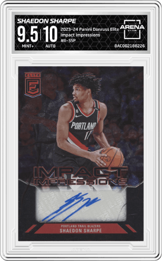Shaedon Sharpe from the 2023-24 Panini Donruss Elite set graded by Arena Club and given an overall grade of 9.5.