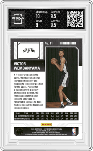 Victor Wembanyama  from the 2023-24 Panini Contenders set featuring a Retail parallel graded by Arena Club and given an overall grade of 9.5.