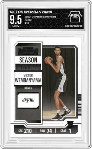 Victor Wembanyama  from the 2023-24 Panini Contenders set featuring a Retail parallel graded by Arena Club and given an overall grade of 9.5.