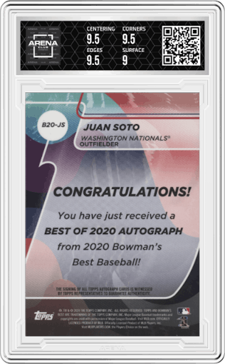 Juan Soto from the 2020 Bowman’s Best set graded by Arena Club and given an overall grade of 9.5.