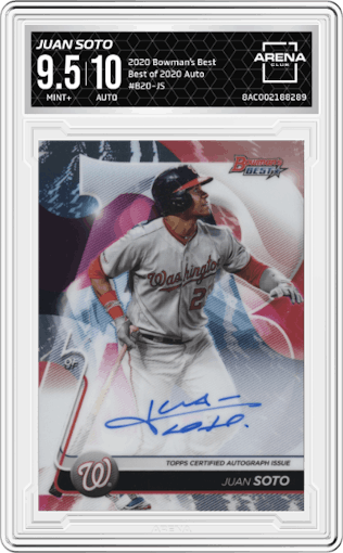 Juan Soto from the 2020 Bowman’s Best set graded by Arena Club and given an overall grade of 9.5.
