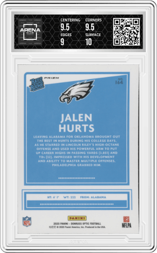 Jalen Hurts from the 2020 Panini Donruss Optic set featuring a Green Velocity parallel graded by Arena Club and given an overall grade of 9.5.