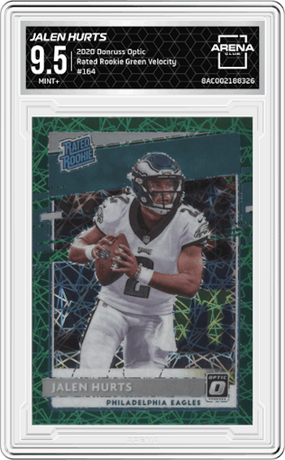 Jalen Hurts from the 2020 Panini Donruss Optic set featuring a Green Velocity parallel graded by Arena Club and given an overall grade of 9.5.